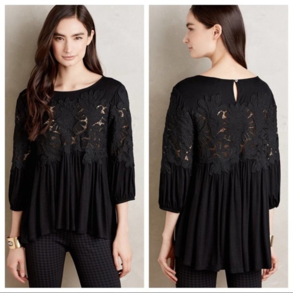 Anthropologie Black Deletta Desi Tunic Lace Top XS